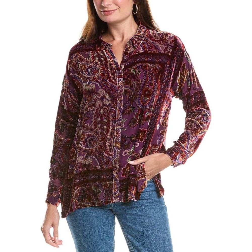 Johnny Was Womens The Slim Audrey Collared Silk-Blend Shirt, Purple